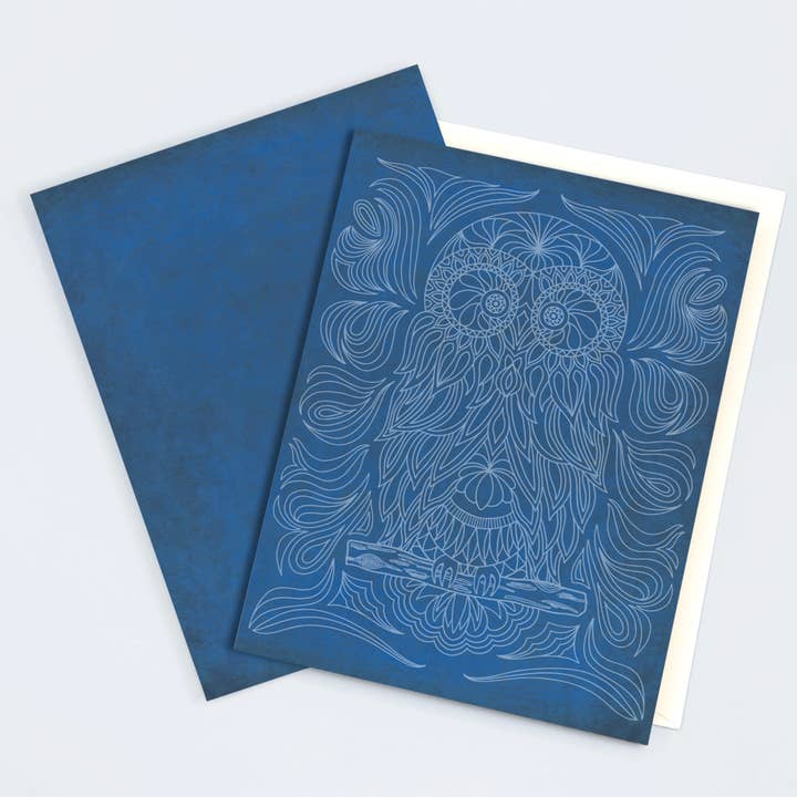 Wise Owl Card – Hand-Illustrated on Blue for wholesale by B.Goods Designs