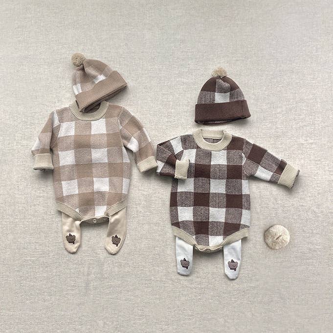 Body de manga comprida com decote redondo e padrão xadrez para bebé, em malha espessa. por atacado de MyKids-USA®