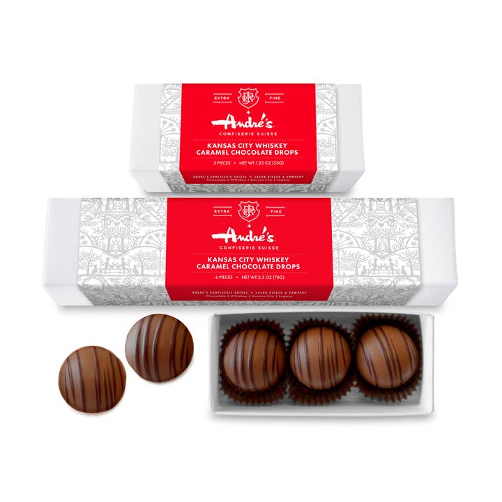 KC Whiskey Caramel Drops for wholesale by Andre's Chocolates