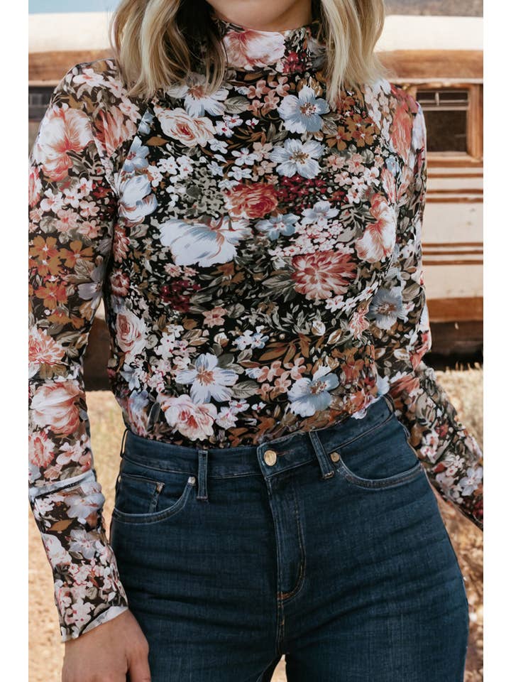 fashionworks - Wholesale Blouse - Women's - Fashion-W Floral Long Sleeve Mock Neck Sheath Mesh Blouse