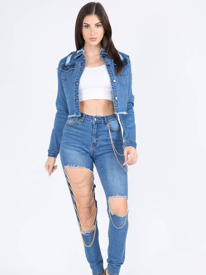 Anya Distressed Dark Blue Cropped Denim Jacket With Chains for wholesale by The Steven Wick Company