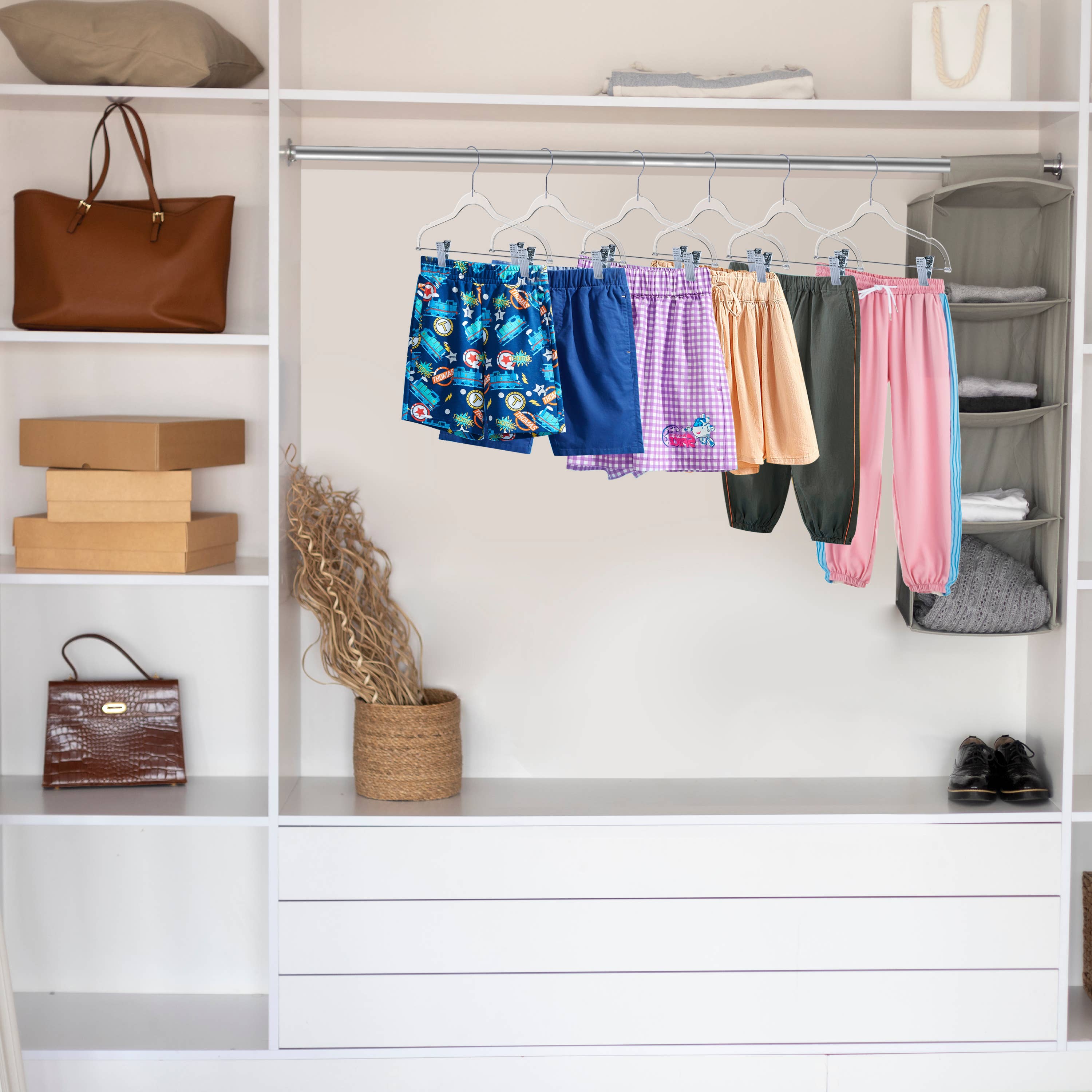 Quality Hangers - Wholesale Clothes Hangers - P355 - 13.5" Kids Clear Plastic Skirt Hangers W Clips 5 Pack6