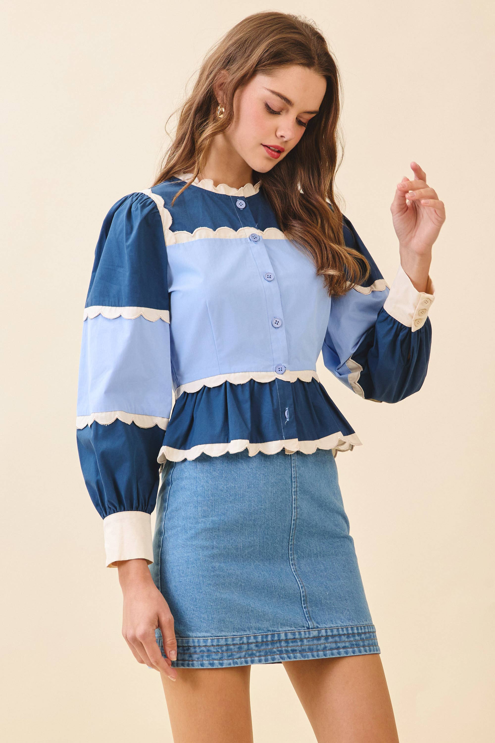 TCEC - Wholesale Button Down Shirt - Women's - CT9030S-Color Block Scalloped Detail Peplum Top2