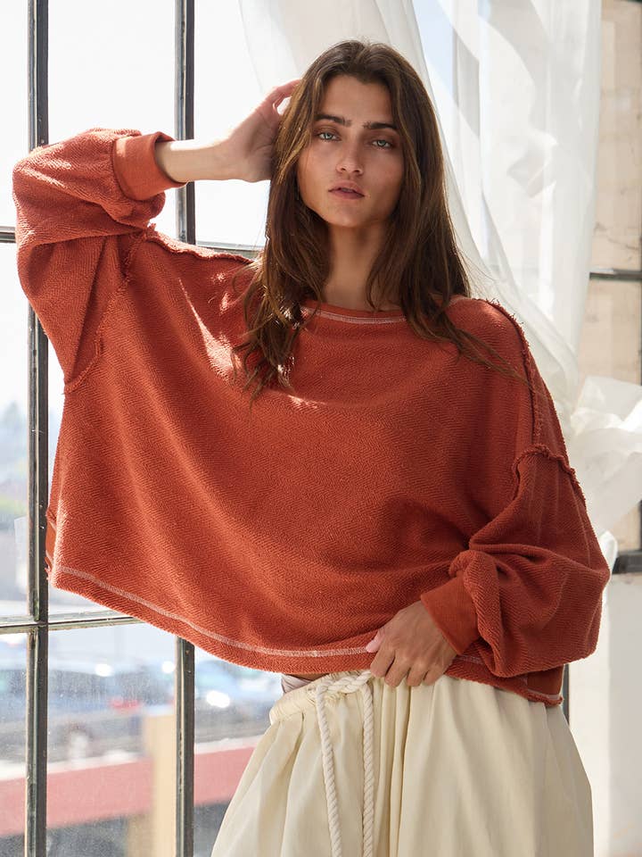 BUCKETLIST - Wholesale Knit Top - Women's - T2397 Overlap Open Back Oversize Fit Reverse Stitched Top16