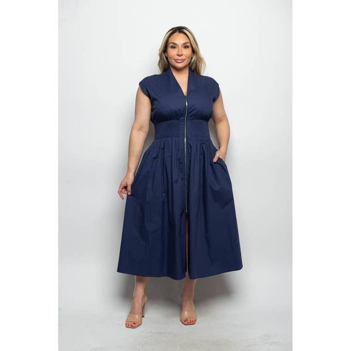 PLUS SIZE CAP SLEEVE SMOCKED WAIST ZIP FRONT POCKETS MIDI DR for wholesale by Curve Market