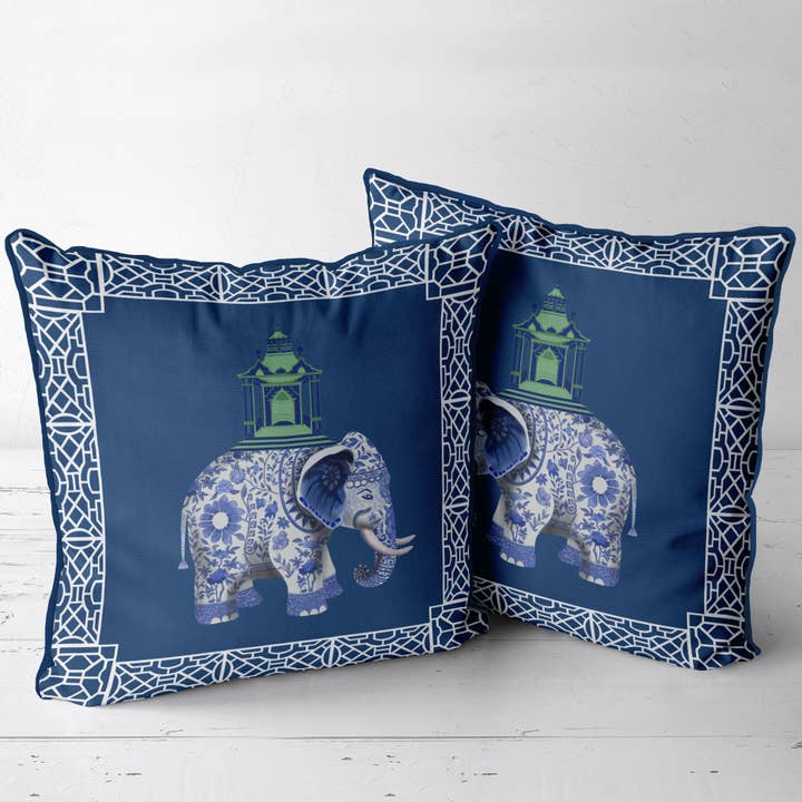 Elefantpagod Chinoiserie prydnadskudde eller utomhuskudde för wholesale av FabFunky Ltd