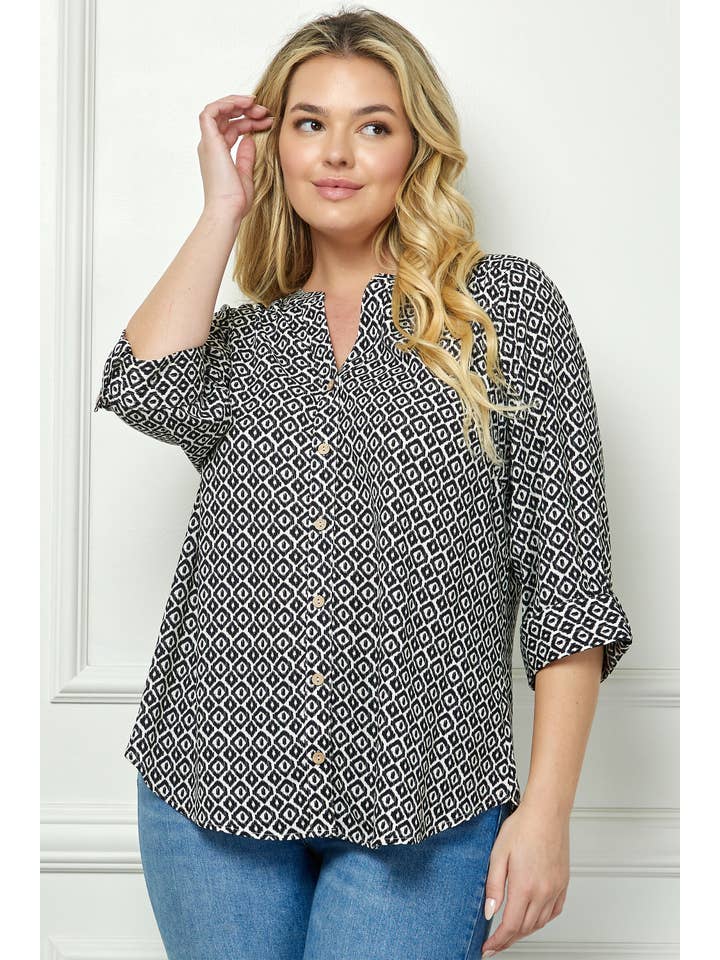 Ivory Black PLUS SIZE MANDARIN COLLAR PLAKET BLOUSE for wholesale on Faire1