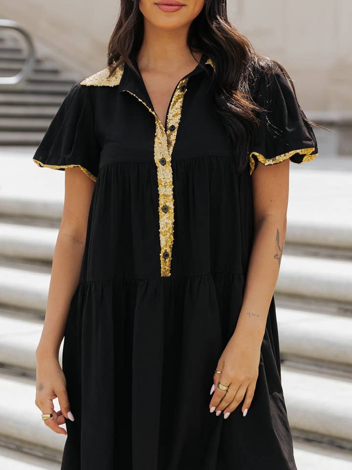 Sequin Trim Bubble Sleeve Game Day Shirt Dress for wholesale by Umorger