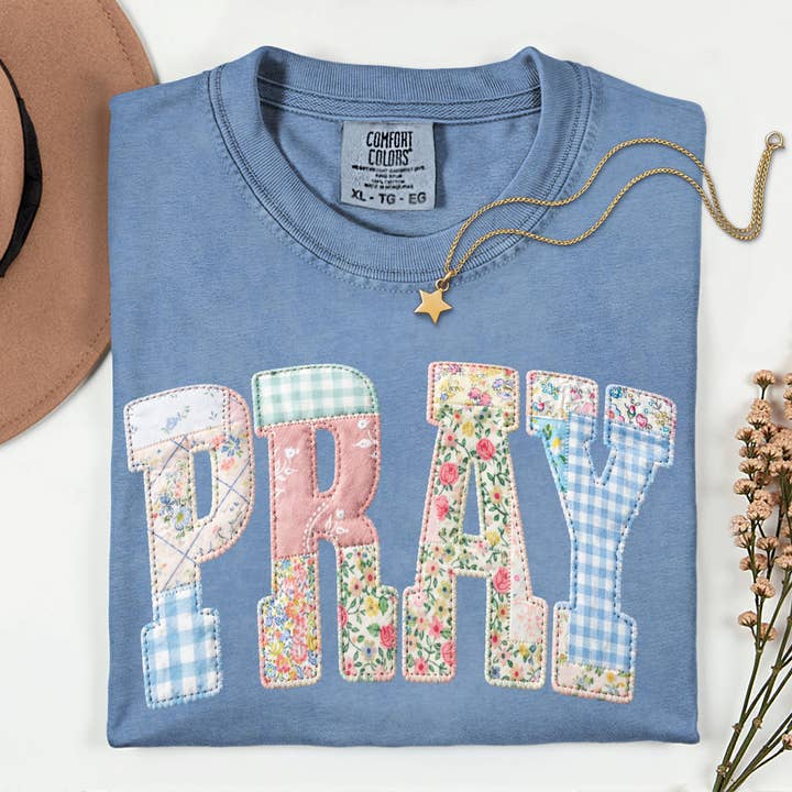 Faux Patchwork Pray Graphic Comfort Colors Tee, Easter shirt for wholesale by Southern Rheas