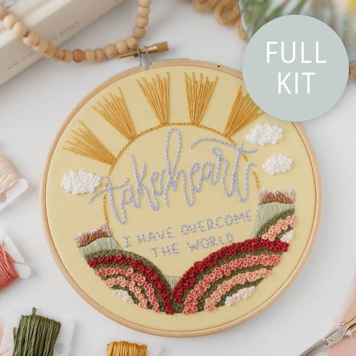 Abide Embroidery Co. - Wholesale Embroidery/Cross Stitch Supplies - “Take Heart, I Have Overcome the World” Embroidery Kit (2026 Easter Stitch-Along)