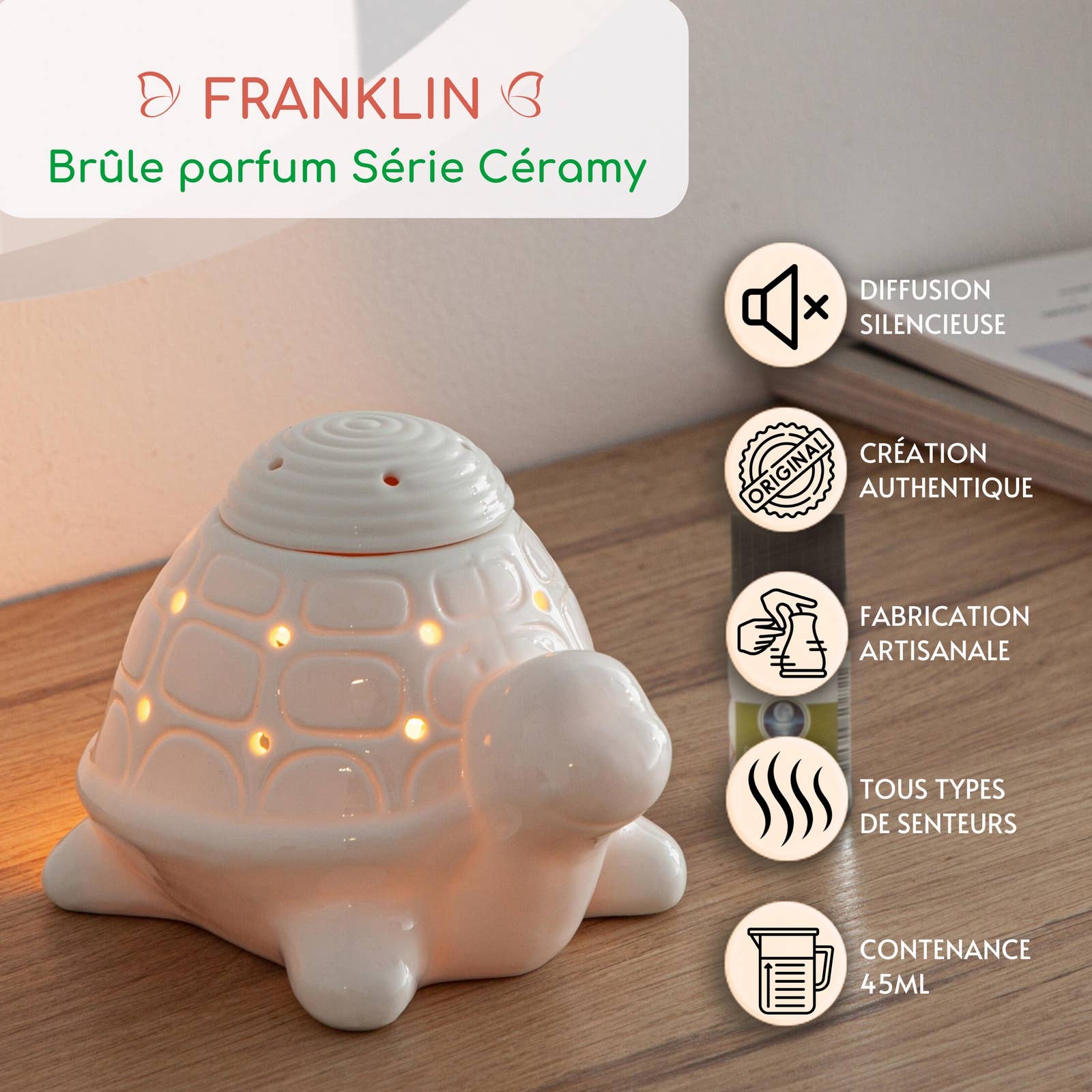 Zen'Arôme - Wholesale Oil Warmer - Franklin the Turtle White Ceramic Incense Burner1
