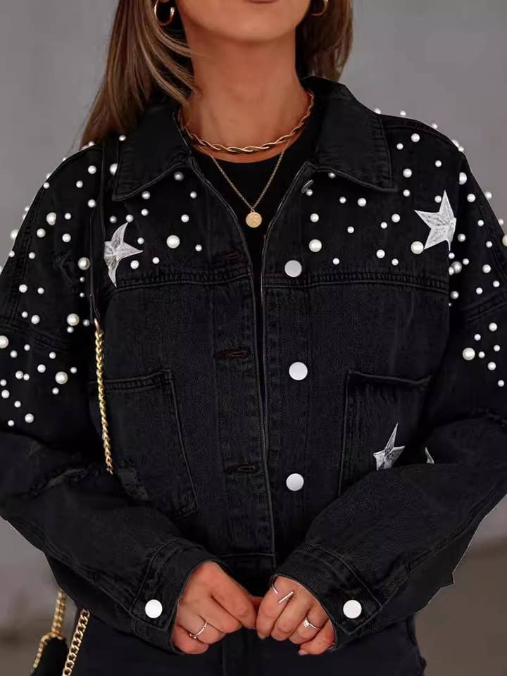 Rosa Clothing - Wholesale Jacket - Women's - Western Pearl stud boxy denim jacket5
