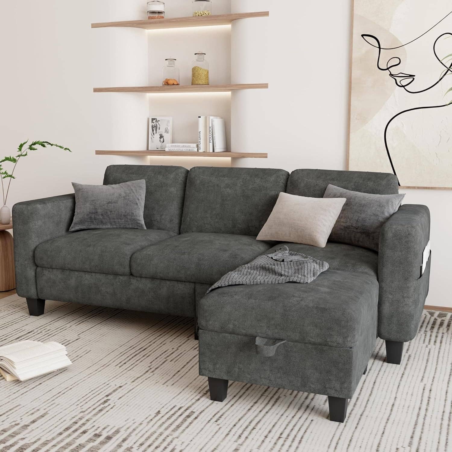 Grey L Shaped Sectional Sofa With Storage Ottoman Modern for wholesale on Faire2
