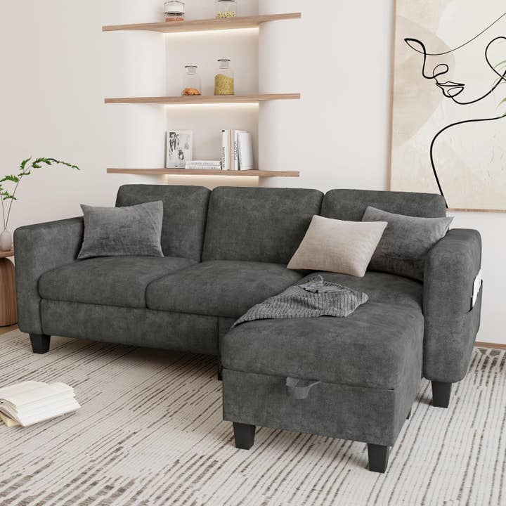 Grey L Shaped Sectional Sofa With Storage Ottoman Modern for wholesale on Faire2