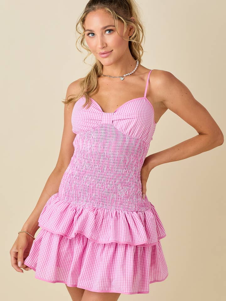 PINK Gingham mini dress with tied back for wholesale on Faire