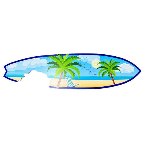 Outdoor Surfboard Wall Art with Shark Bite and Palm Trees for wholesale by JennyGems