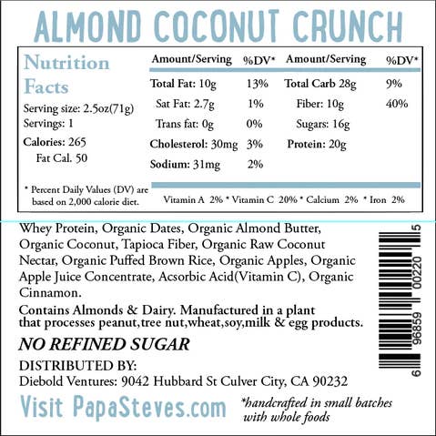 Papa Steve's No Junk Raw Protein Bars - Vente Barres de céréales - Crunch de noix de coco aux amandes1