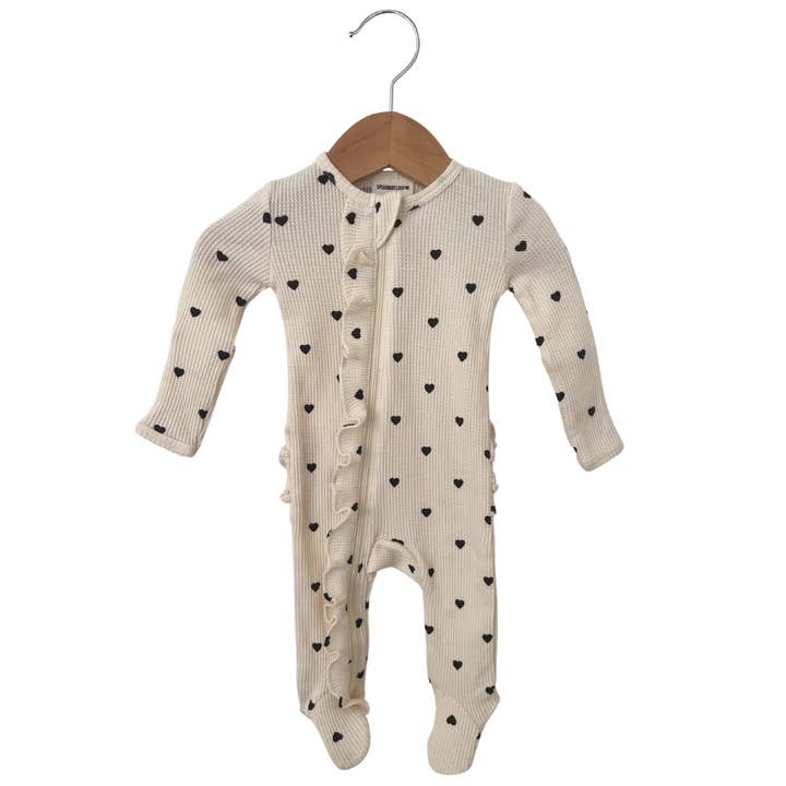 SpearmintLOVE - Wholesale Jumpsuit - Baby - Organic Waffle Ruffle Zip Footie, Black Heart