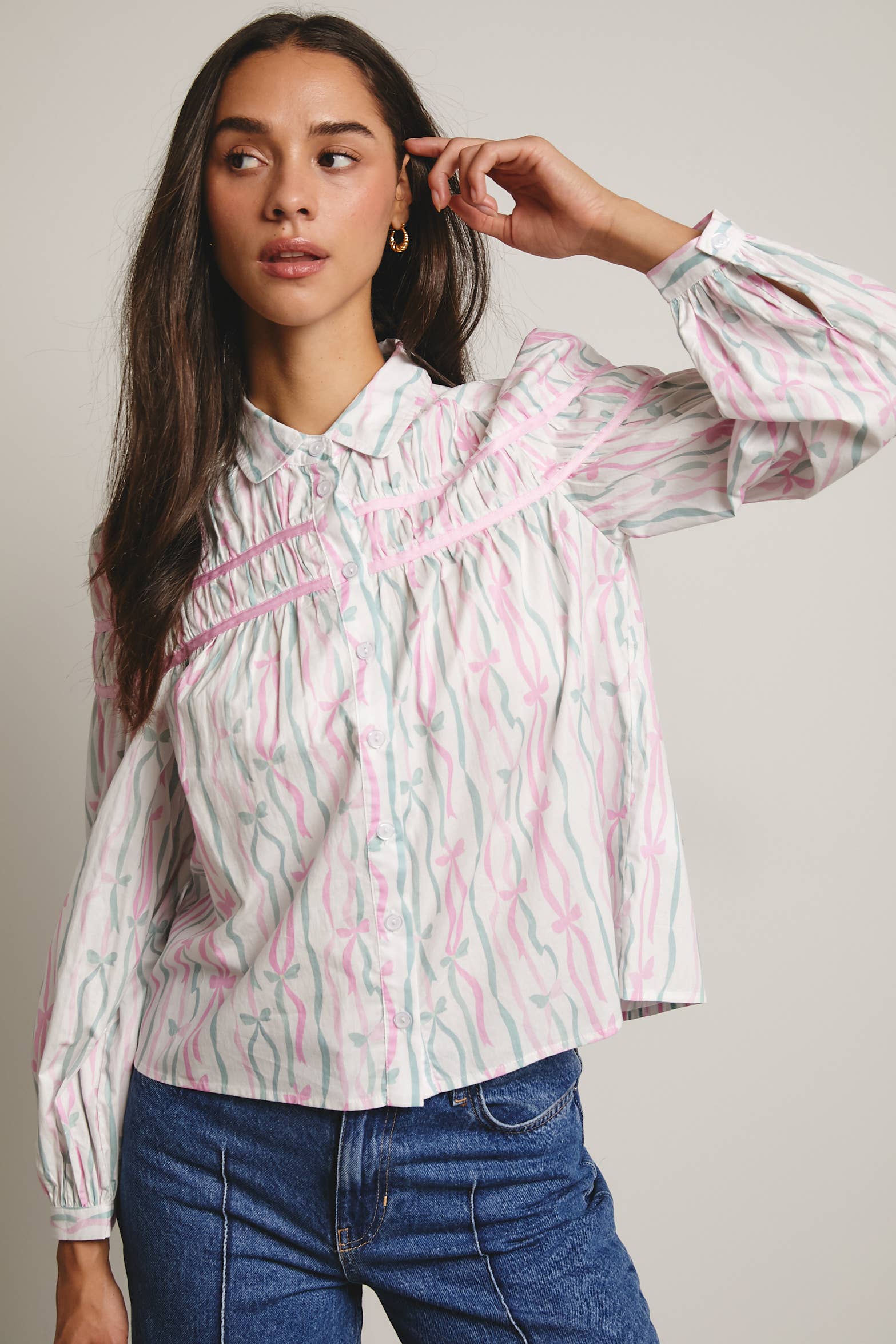 Forte – wholesale Blouse – Women’s – Ribbon Stripe Puff Sleeve Blouse FT000512