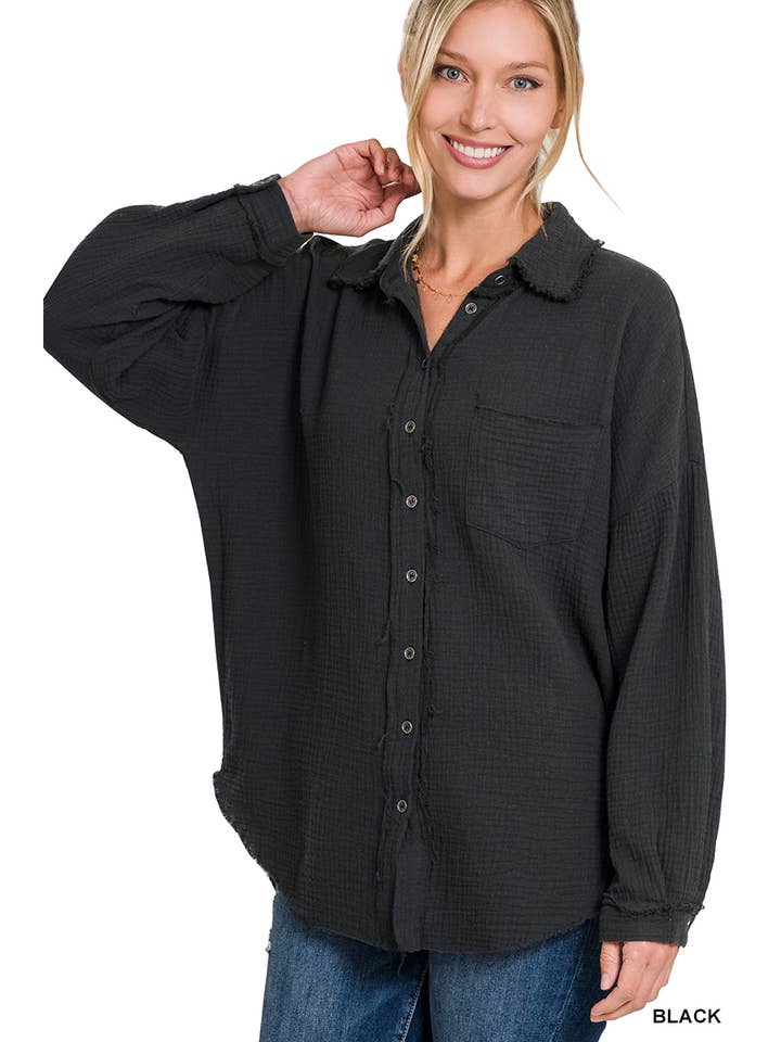 42POPS - Wholesale Button Down Shirt - Women's - ,,,,,..SI-23630 Oversized Raw Edge Shirt W/ Back Patch