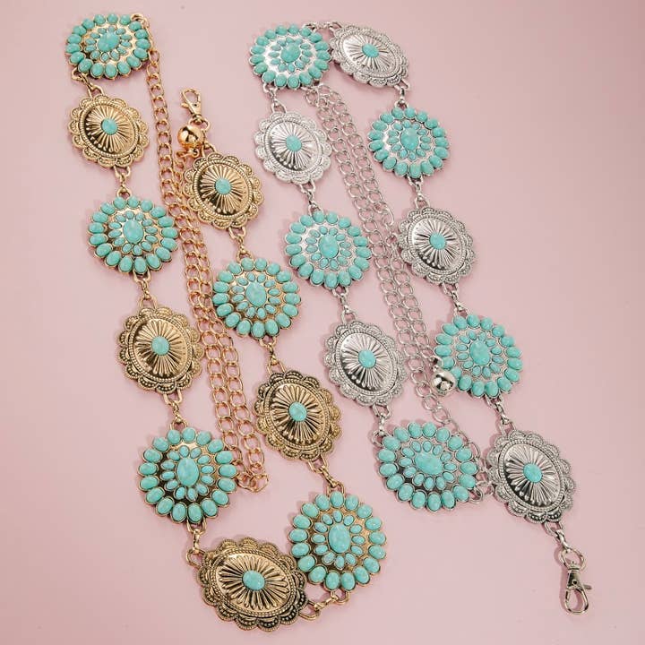 Abstract Oval Western Turquoise Concho Chain Belt for wholesale by Collections by Fame Accessories