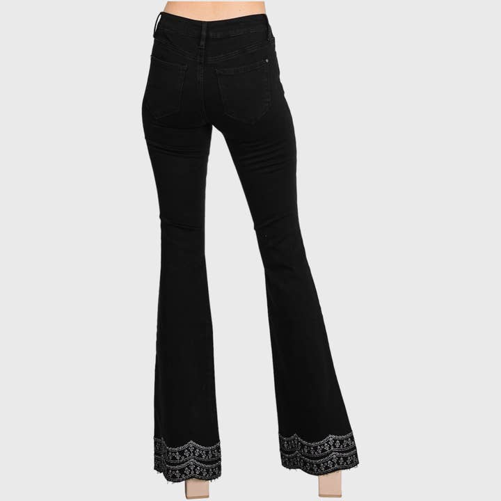 Petra153 - Wholesale Jeans - Women's - P716MF-BLK MID RISE STRETCH FLARE W/ EMBROIDERY RAW EDGE HEM10