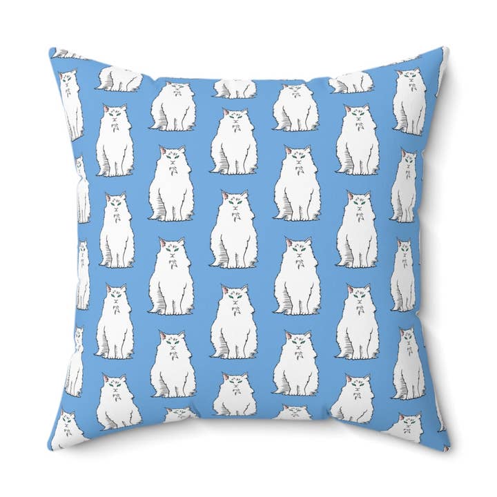 Coussin carré en polyester filé Grumpy Cat pour les amoureux des animaux de compagnie, décoration d'intérieur ou idée cadeau pour la vente par Terry Heath Art