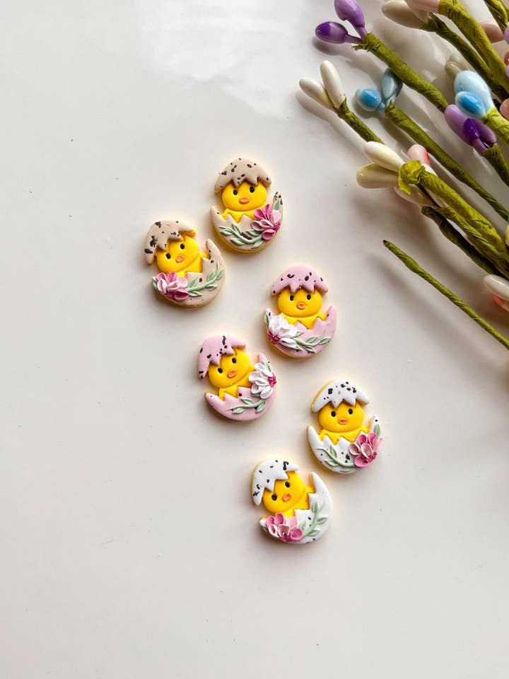 Floral Chick Easter Earrings Handmade Spring Jewelry for wholesale by WanderingCalicoClay