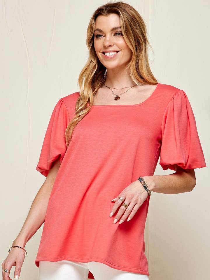 CORAL SPT5094 - WOMEN PUFF SHORT SLEEVE SQUARE NECK TOP for wholesale on Faire