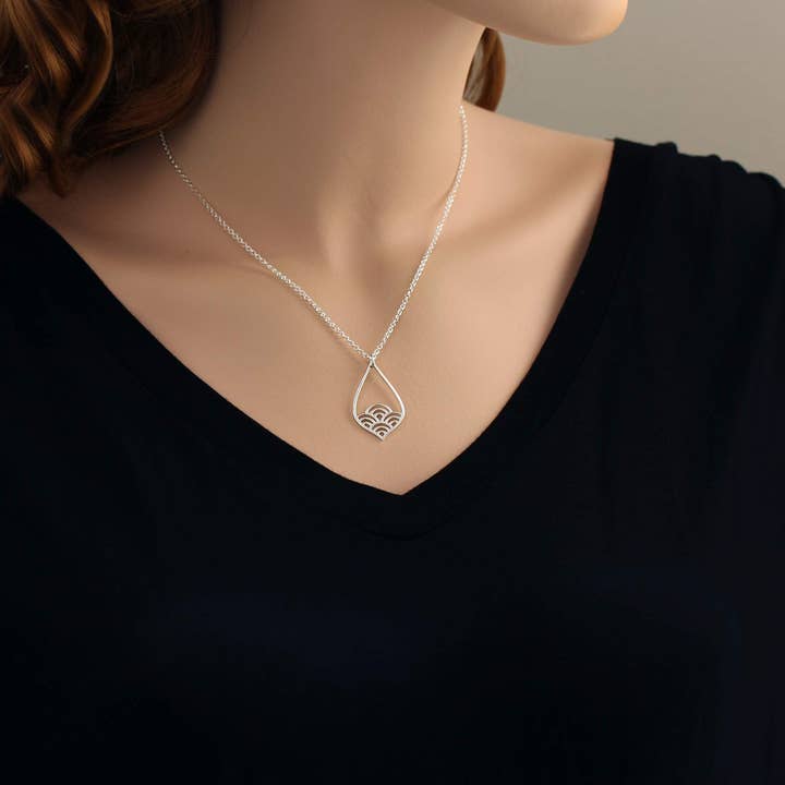 A Charmed Impression - Wholesale Pendant/Charm Necklace - A Charmed Impression Sterling Silver Wave Teardrop Necklace • Simple Minimalist Jewelry • Modern Pendant • Romantic Feminine • Waves Pattern