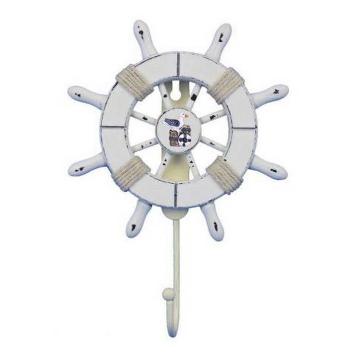 Rustic All White Decorative Ship Wheel with Seagull and Hook for wholesale by Hampton Nautical