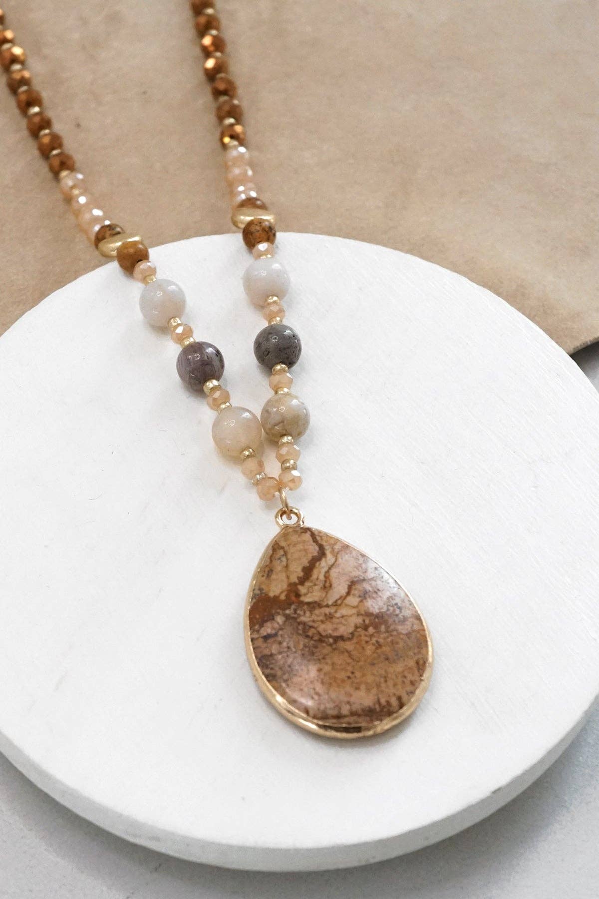 PennyLine inc - Wholesale Pendant/Charm Necklace - Beaded Long Necklace with Semi Precious Jasper Teardrop Stone Pendant0