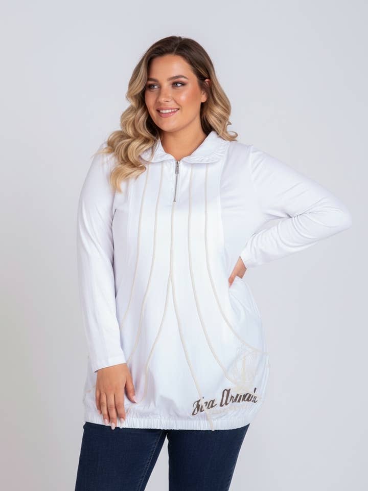 Große weiße Tunika mit Rippungen und Druck (A560) für den Großhandel von Pomme Rouge Paris