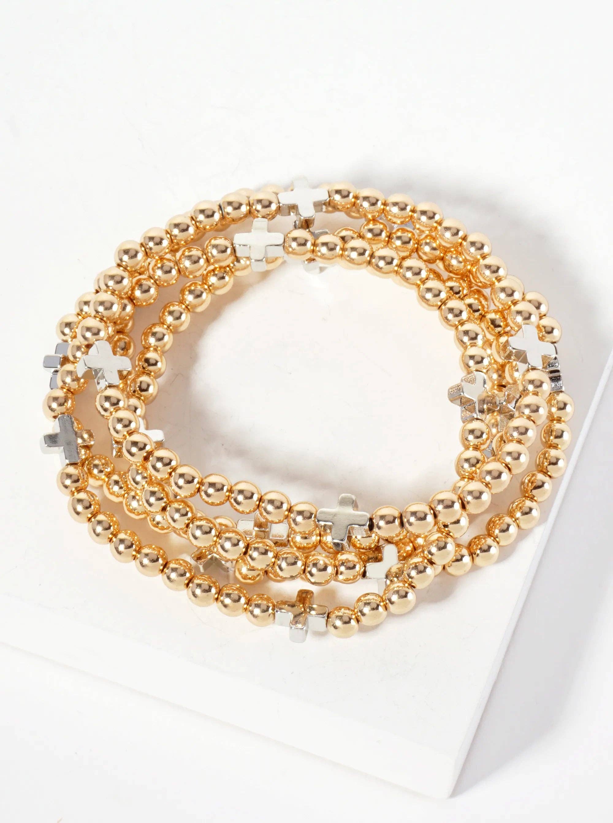 Wild Honey - Wholesale Jewelry Set - Set of 5 Polished Metallic Cross & Ball-Bead Bracelets0