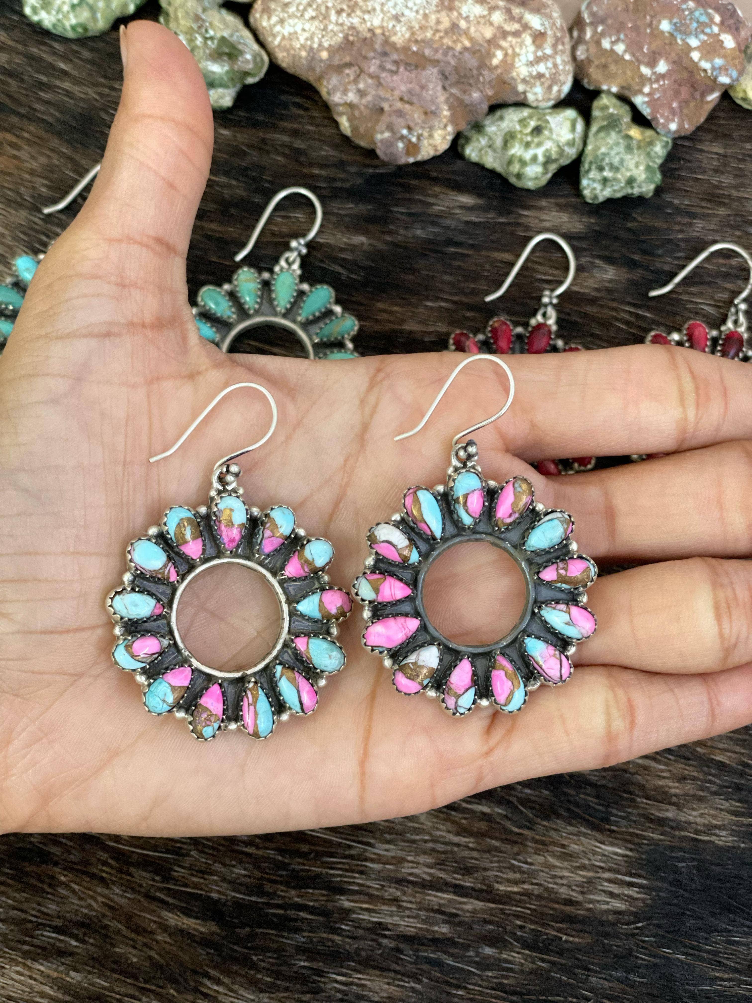 Nizhonitradersllc – wholesale Dangle earrings – Handmade Sterling Silver Cotton Candy, Red Rose Dahlia, White Buffalo, Kingman Turquoise Circle Dangle Earrings with Signed Nizhoni0