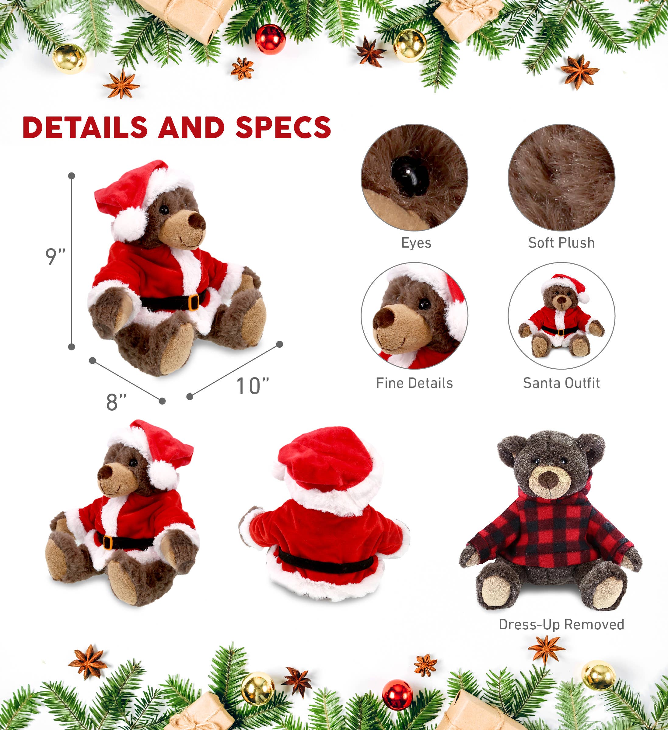 Cota Global - Wholesale Stuffed/Plush Toy - Kids & Baby - Super Soft Plush Santa Brown Bear with Red Plaid Hoodie2