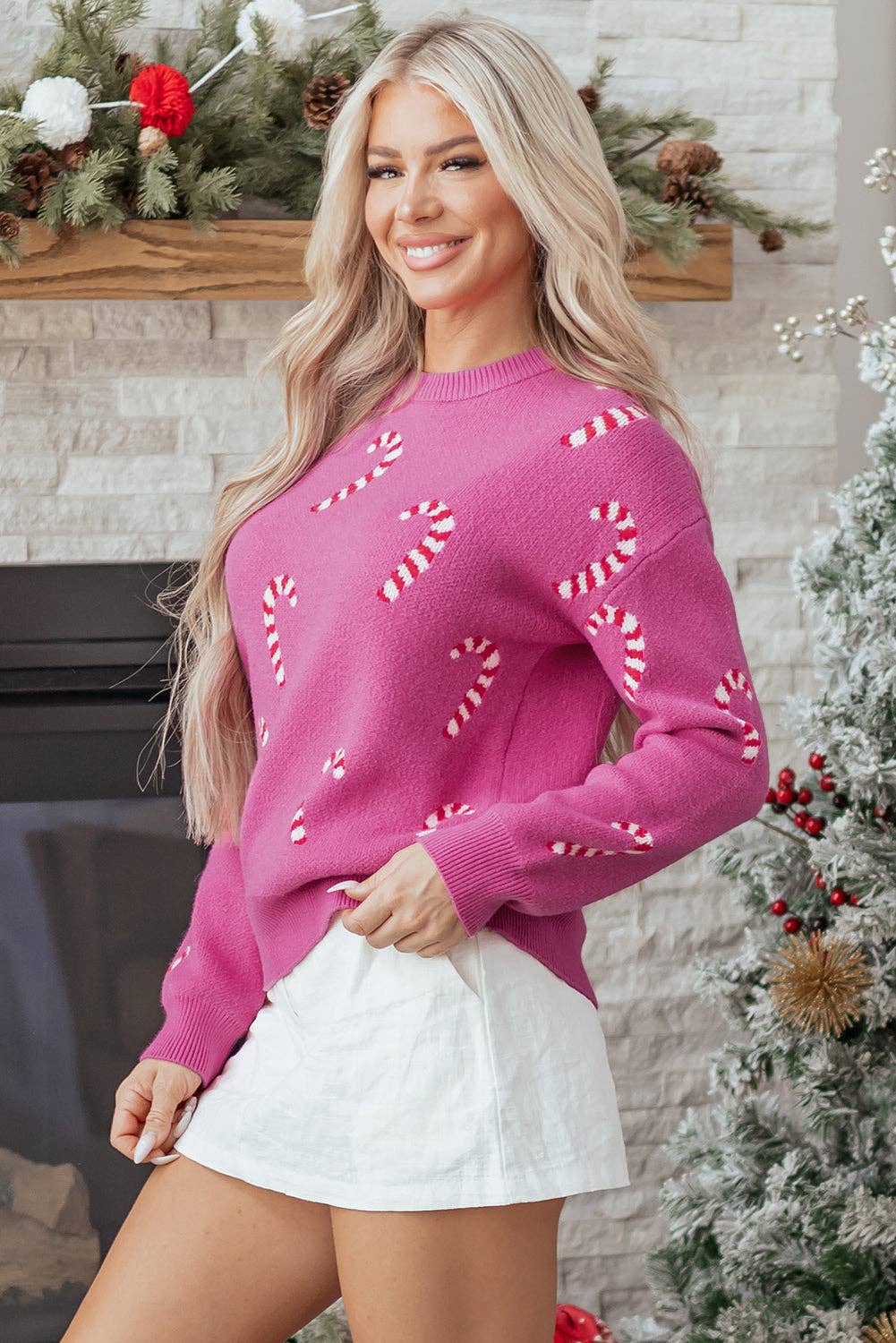 PRETTY BASH - Wholesale Knit Sweater - Women's - Christmas Candy Cane Drop Shoulder Sweater2