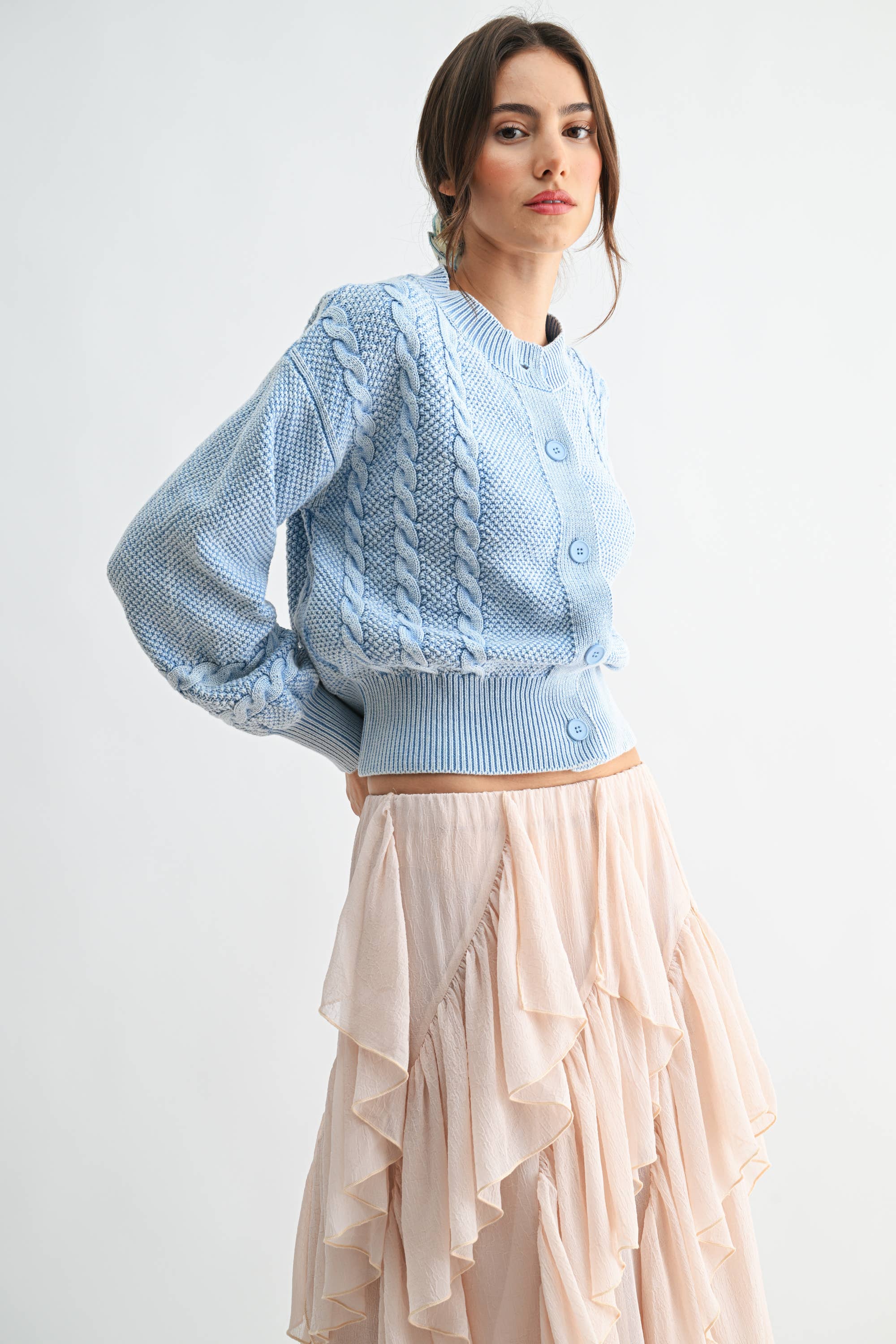 Camellia - Wholesale Cardigan - Women's - CW10019E WASHED BLENDED BROWN CABLE KNIT CARDIGAN13