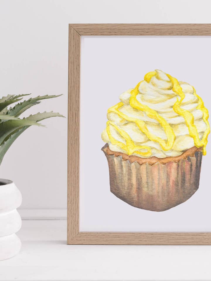 Lemon Cupcake Watercolor Art Print for wholesale by Emilia Rose Artwork LLC