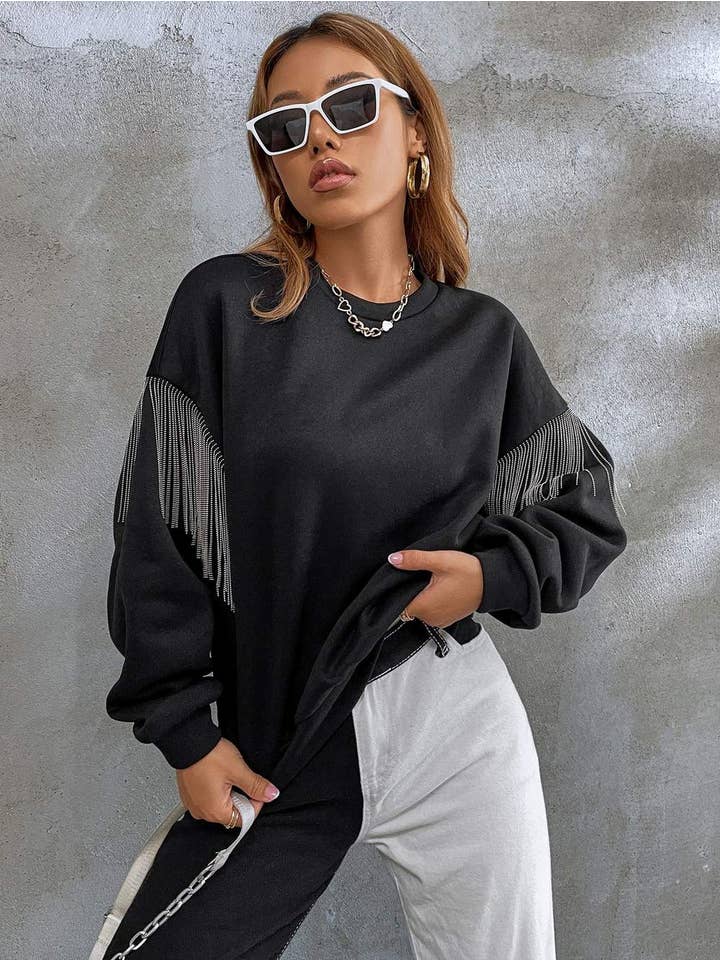 Queen Fashion - Wholesale Sweatshirt - Women's - solid fringe detail drop shoulder sweatshirt5