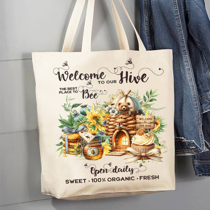 Welcome to Our Hives bees Canvas Tote Bag for wholesale by Avery Lane Gifts