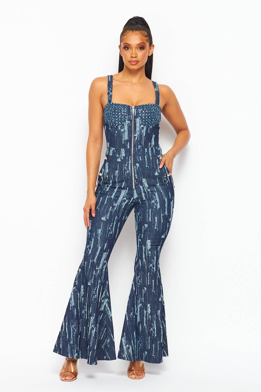 metallic bell bottom jumpsuit