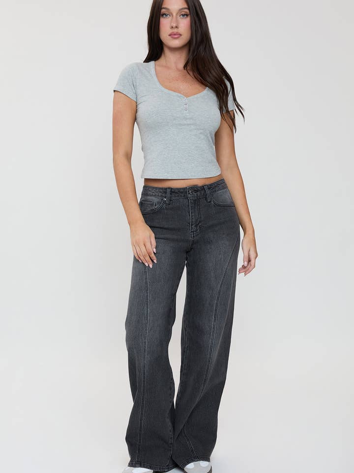 Luxe Bella Naaddetail Wijde Pijpen Jeans-P073199 voor wholesale door YMI