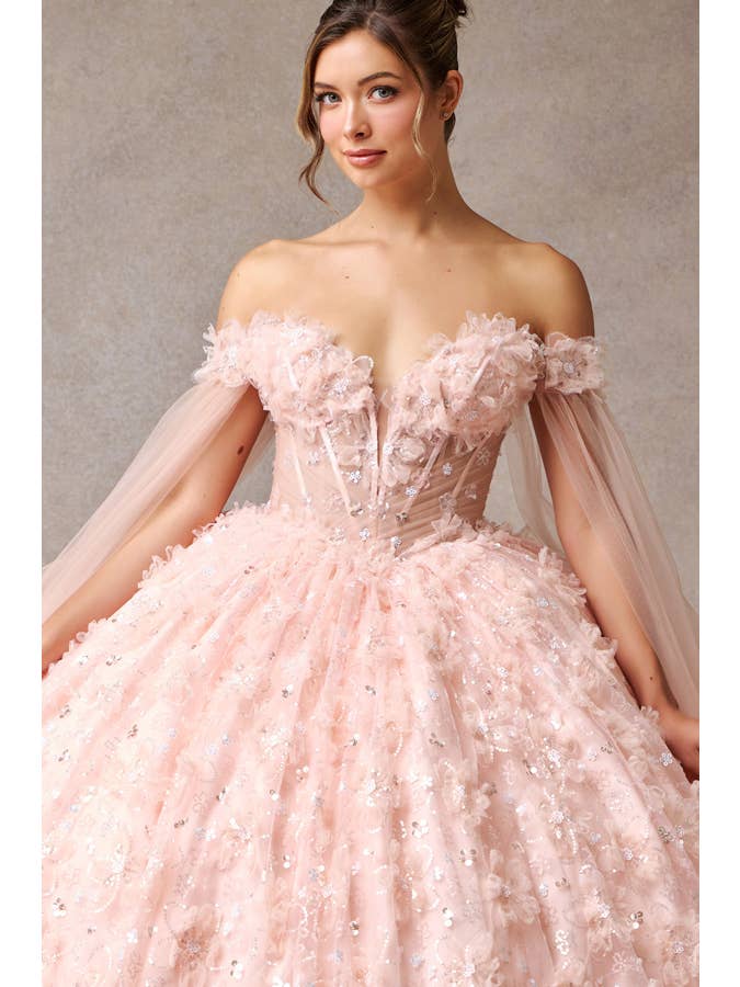 BLUSH Off Shoulder Cape Sleeve Quinceanera Ball Gown for wholesale on Faire3
