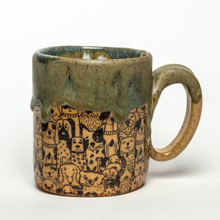 Puppy Dogs Print w/drip Edge Stoneware 12 oz Mug Handmade for wholesale by White Squirrel Clayworks