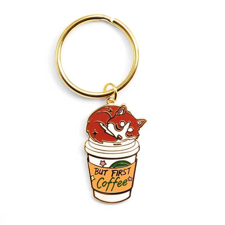 ”Men första kaffe” Husky Enamel Keychain, fars dag gåva för wholesale av Flair Fighter