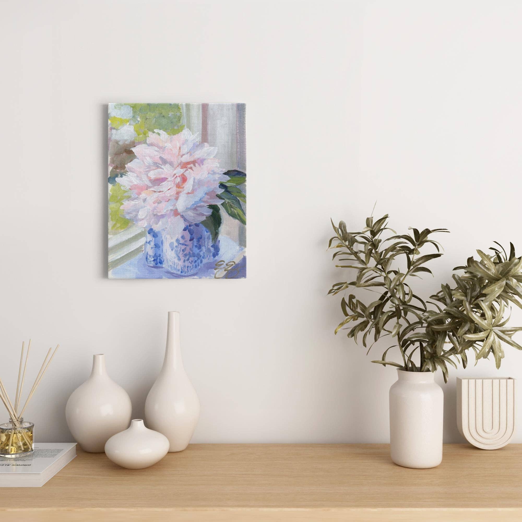 Elizabeth Alice Studio - Wholesale Art Print - No. 396 Sarah Bernhardt peony in blue and white vase, a canvas wrap print3