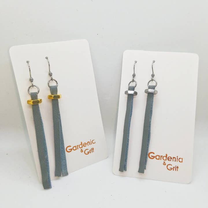 Earrings - Dangle - Black - Gray - Brown - Maroon - Stainless Steel - Solid Brass - Reclaimed Leather Dangle for wholesale by Gardenia & Grit