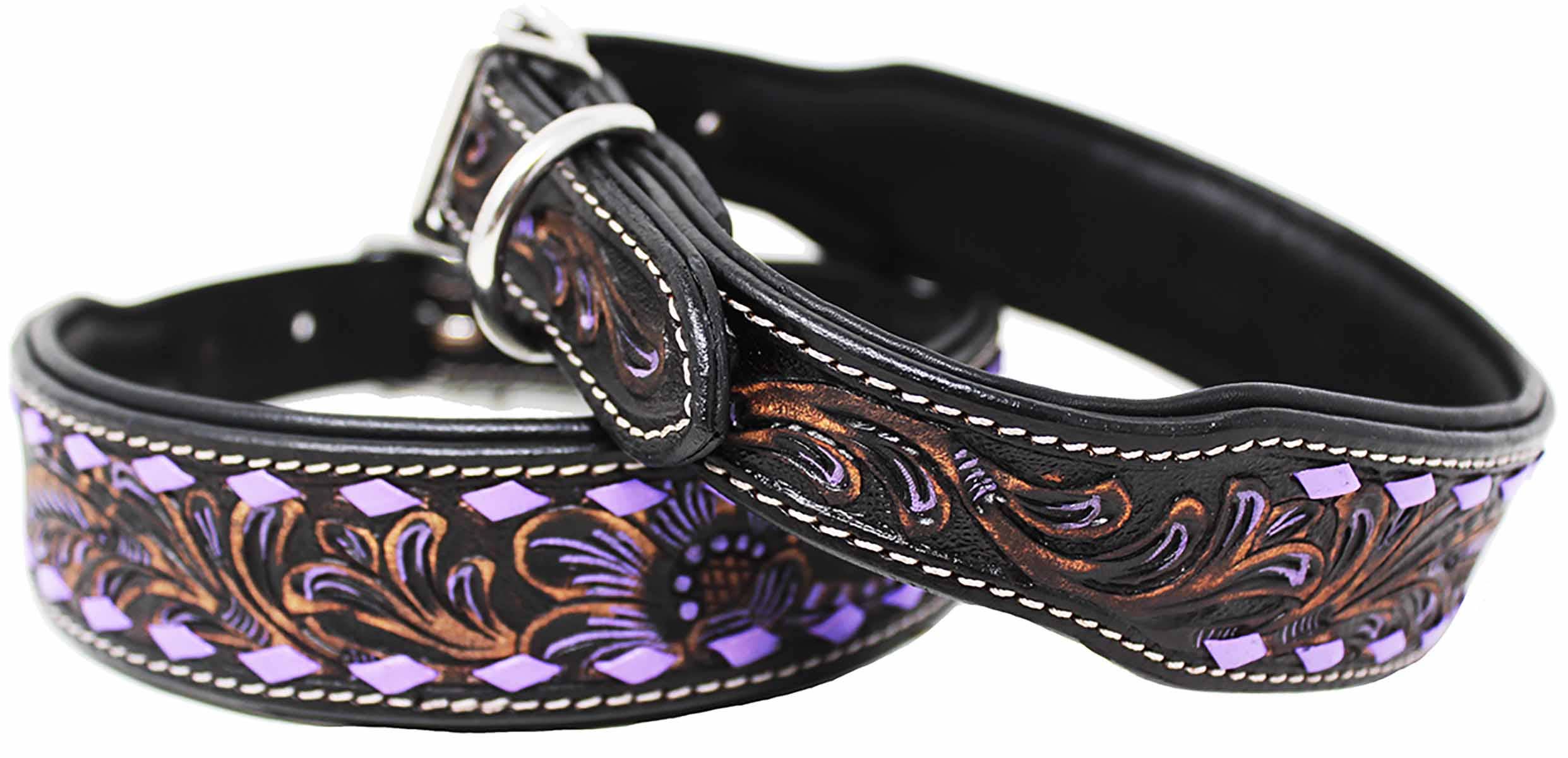 Amish 100% Cow Leather Heavy Duty Padded Floral Tooled Dog Collar Purple 60FK22 for wholesale on Faire2