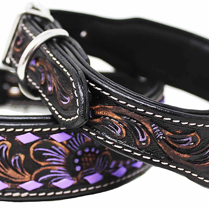 Amish 100% Cow Leather Heavy Duty Padded Floral Tooled Dog Collar Purple 60FK22 for wholesale on Faire2